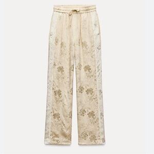 Zara ZW Collection Satin Wide Leg Pants Cream Drawstring Lounge Trouser Women S